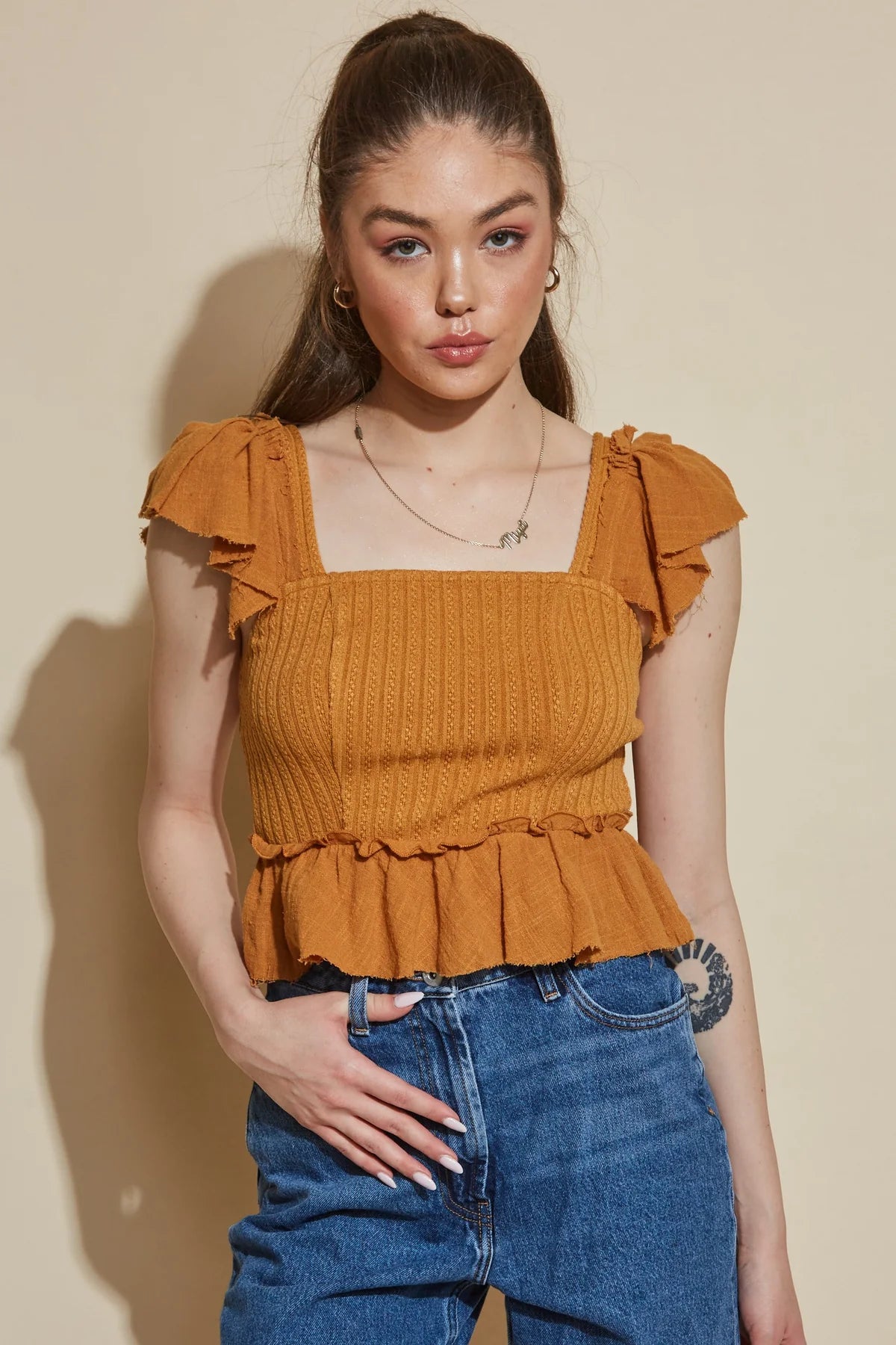 Square Neck Ruffled Knit Top